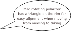 < Milo rotating polarizer has a triangle on the rim for easy alignment when moving from viewing to taking